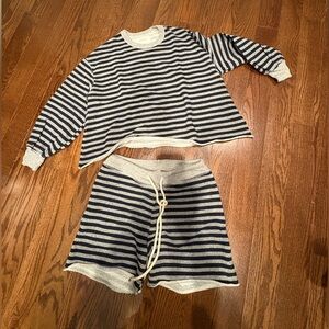 The GREAT. Navy & Grey Striped Sweatshirt & Shorts Lounge Set Size 0